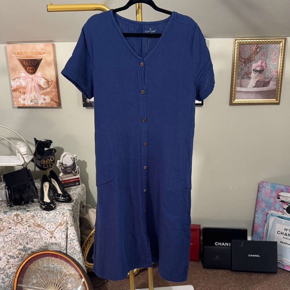 Cuddl Duds Navy Button-Front Midi Dress Euc 100% Cotton Super Comfortable
